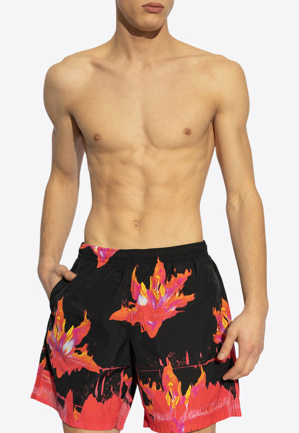 Alexander McQueen Lily Print Swim Shorts  Red KĄPIELOWE 816832 4419Q-1074