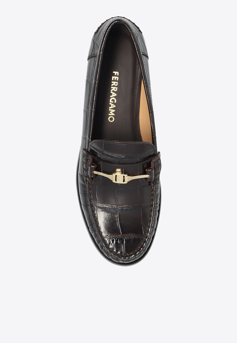 Salvatore Ferragamo New Vara Chain Leather Loafers 01J742 HARRY CROC 781065-TESTA DI MORO