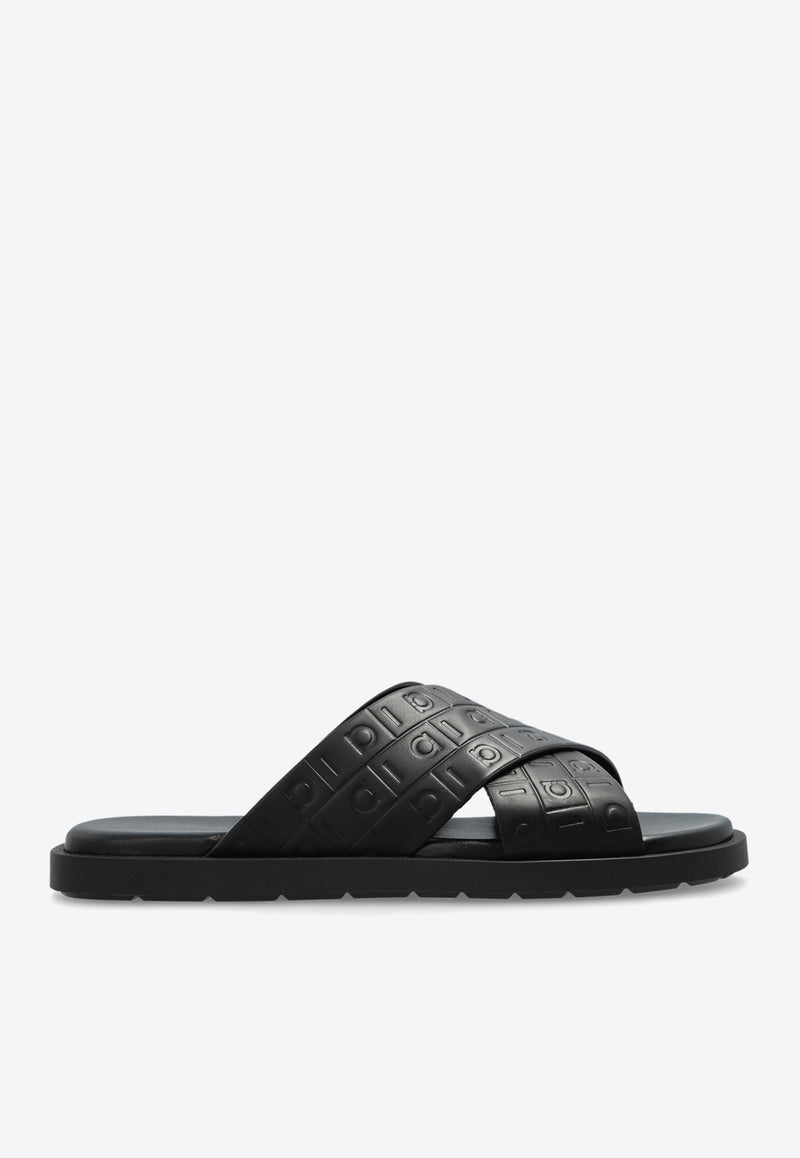 Salvatore Ferragamo Monogram-Embossed Leather Slides 029786 BRISE HUG 778782-NERO