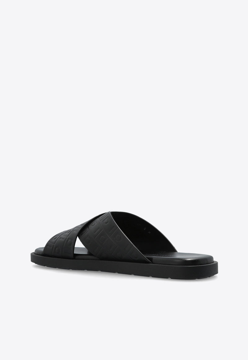 Salvatore Ferragamo Monogram-Embossed Leather Slides 029786 BRISE HUG 778782-NERO