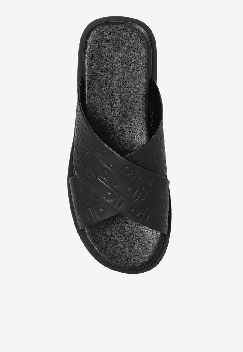 Salvatore Ferragamo Monogram-Embossed Leather Slides 029786 BRISE HUG 778782-NERO