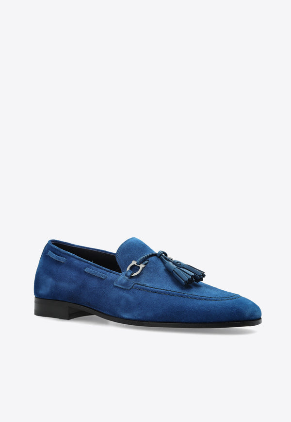 Salvatore Ferragamo Suede Loafers with Gancini Tassels 029834 BASILEA 2 779852-TEAL BLUE