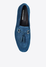 Salvatore Ferragamo Suede Loafers with Gancini Tassels 029834 BASILEA 2 779852-TEAL BLUE