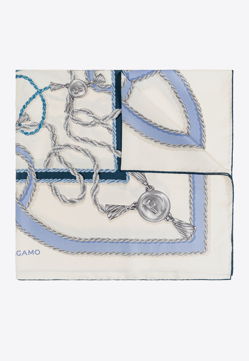 Salvatore Ferragamo Silk Scarf With Intertwined Ropes Print 310186 FO CHAINS 779449-OXFORD BLUE AVORIO