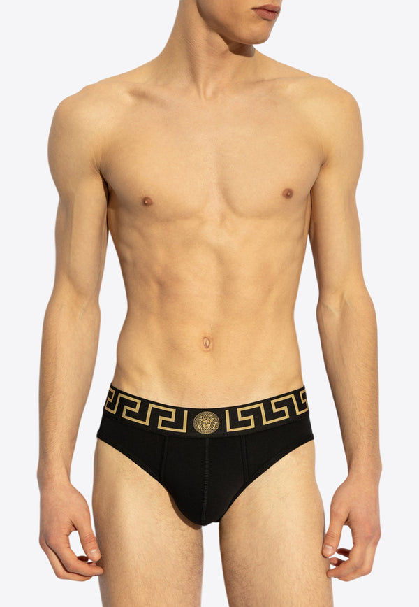 Versace Two-Pack Logo-Waistband Briefs AU10180 1A10011-A91M