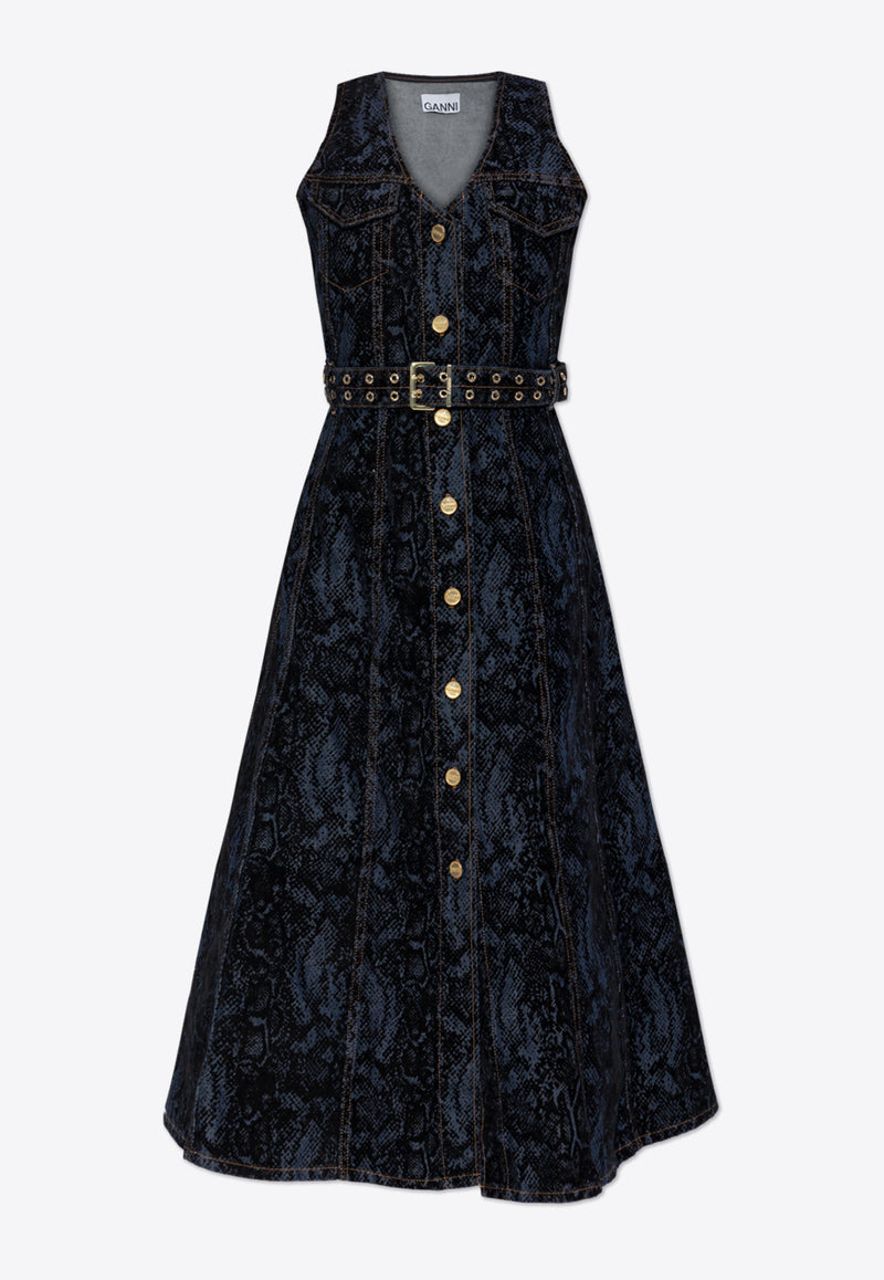 Snake Print Midi Denim Dress