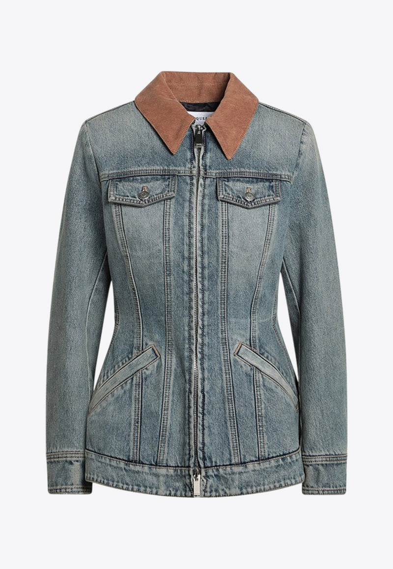 Alexander McQueen Washed Denim Jacket with Ruffles Blue 813538QMACV/Q_ALEXQ-4315