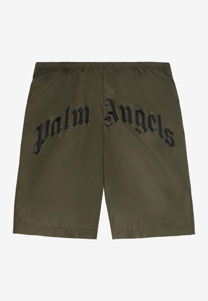 Palm Angels Curved Logo Print Swim Shorts Green PMFD018S25FAB001_5610