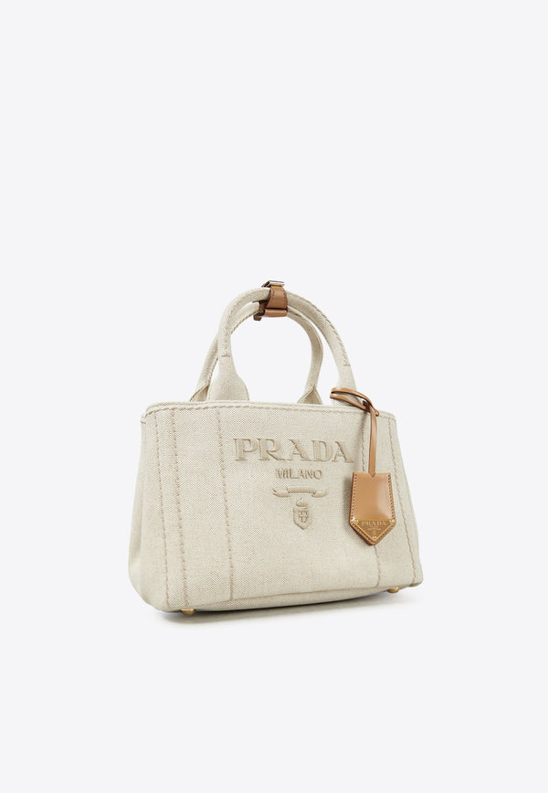 Prada Small Logo Embroidered Canvas Tote Bag Beige 1BG464V8OM2CX9_F0018