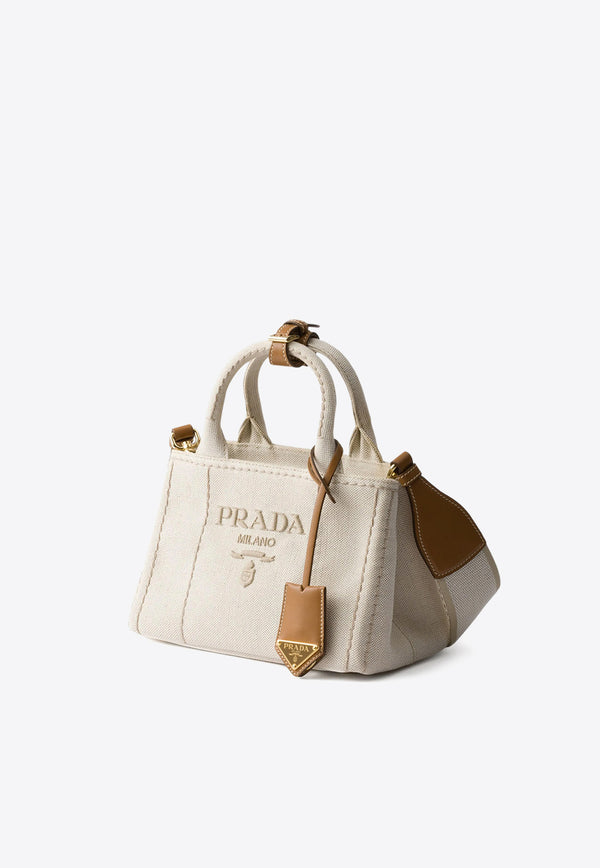 Prada Mini Logo Embroidered Canvas Tote Bag Beige 1BA038V8OM2CX9_F0018