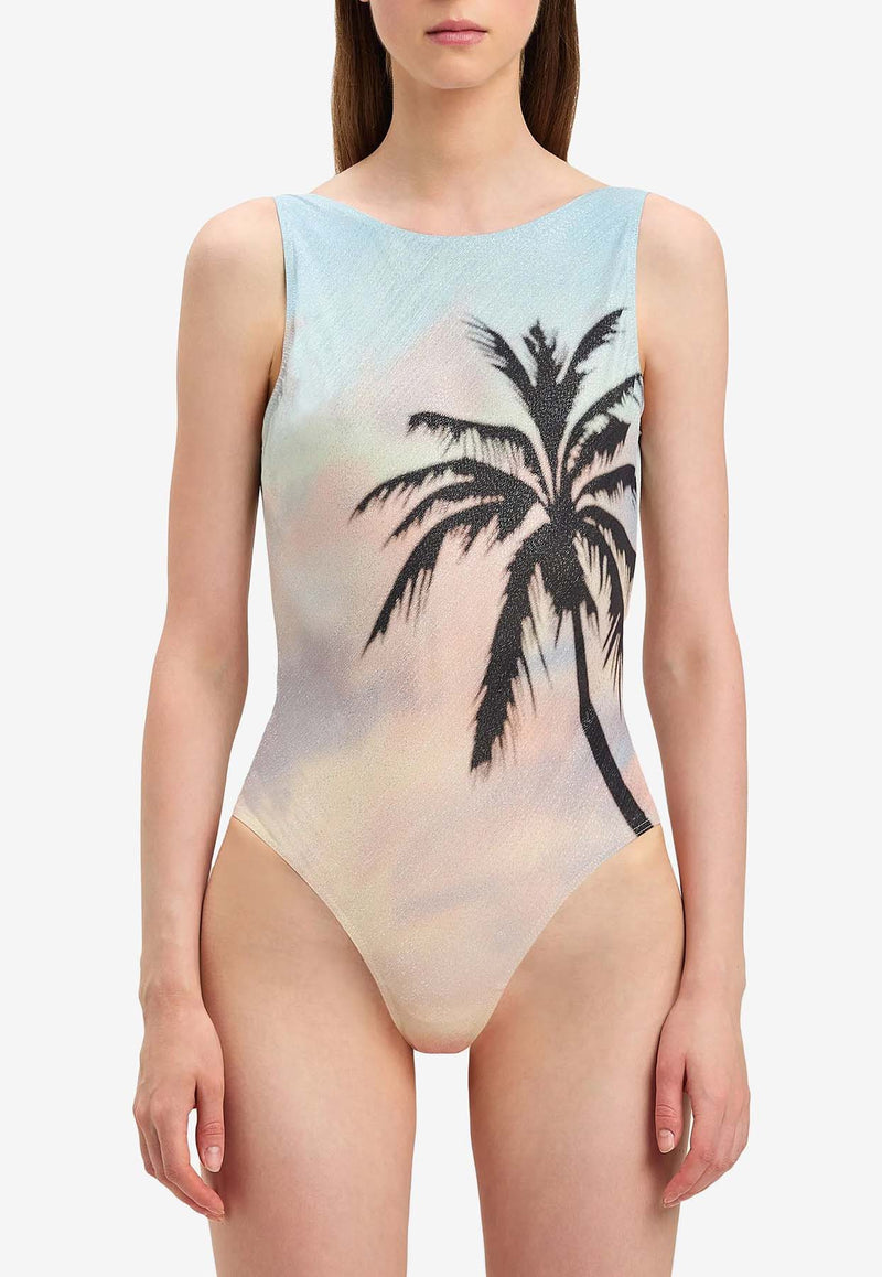 Palm Angels Sunrise Palm Print One-Piece Swimsuit Multicolor PWFC001S25FAB001_8410