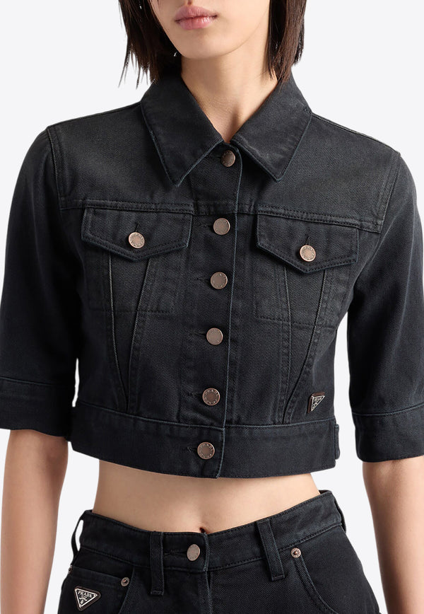 Prada Triangle Logo Cropped Denim Shirt Black GFB316SOOO148J_F0557