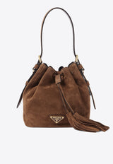 Prada Triangle Logo Suede Bucket Bag Camel 1BE079VOVO2C4S_F0324