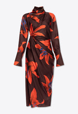 Alexander McQueen Fire Lily Print Silk Midi Dress Bordeaux 820891 QCALY-5131