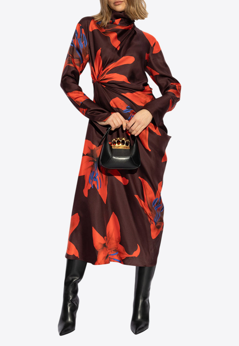 Alexander McQueen Fire Lily Print Silk Midi Dress Bordeaux 820891 QCALY-5131