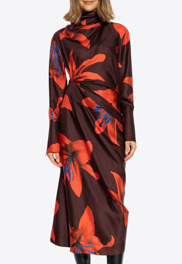 Alexander McQueen Fire Lily Print Silk Midi Dress Bordeaux 820891 QCALY-5131