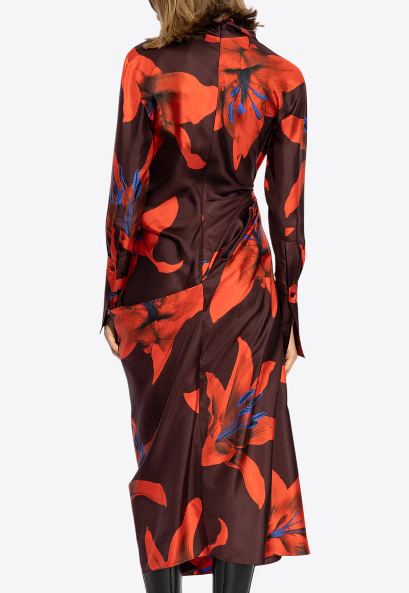 Alexander McQueen Fire Lily Print Silk Midi Dress Bordeaux 820891 QCALY-5131