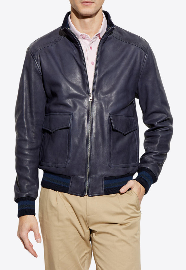 Etro Zip-Up Leather Bomber Jacket Navy MROA0014 AP246-B0665