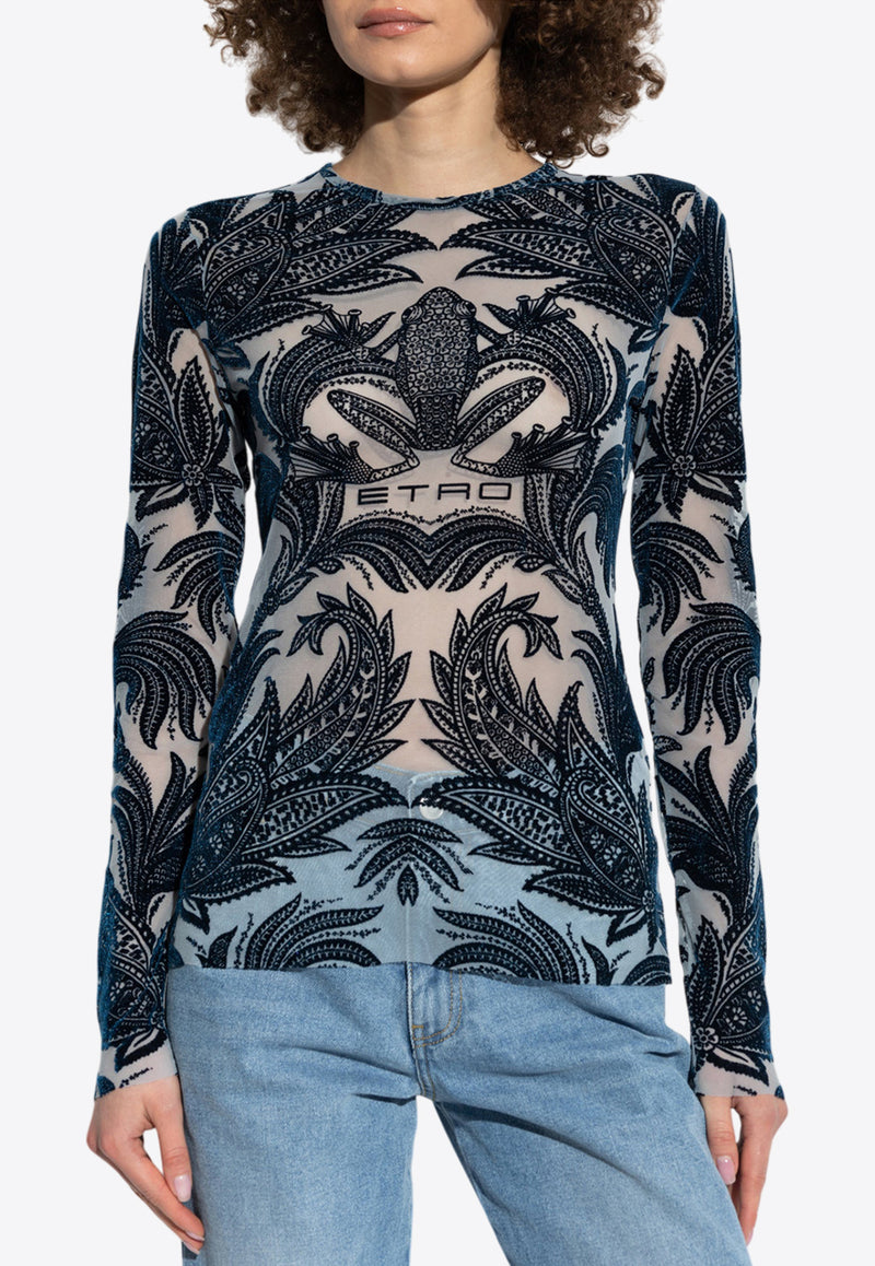 Etro Long-Sleeved Flocked Tulle Top Navy WRJA0038 AK801-S9001