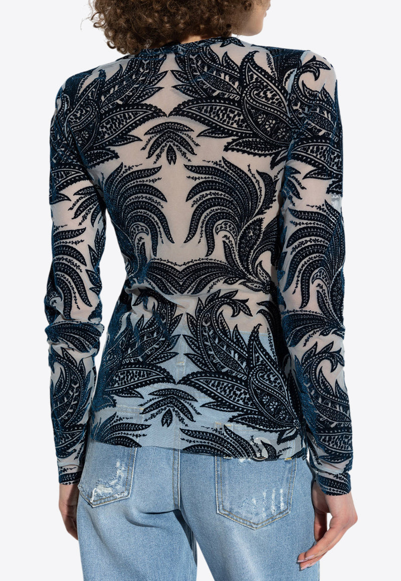 Etro Long-Sleeved Flocked Tulle Top Navy WRJA0038 AK801-S9001