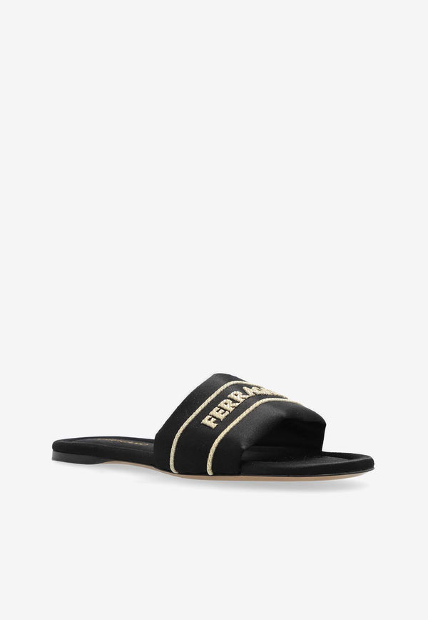 Salvatore Ferragamo Hotel Logo Satin Flat Sandals Black 01J740 HOTEL T 781252-RASO NERO 600 ORO