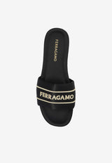 Salvatore Ferragamo Hotel Logo Satin Flat Sandals Black 01J740 HOTEL T 781252-RASO NERO 600 ORO