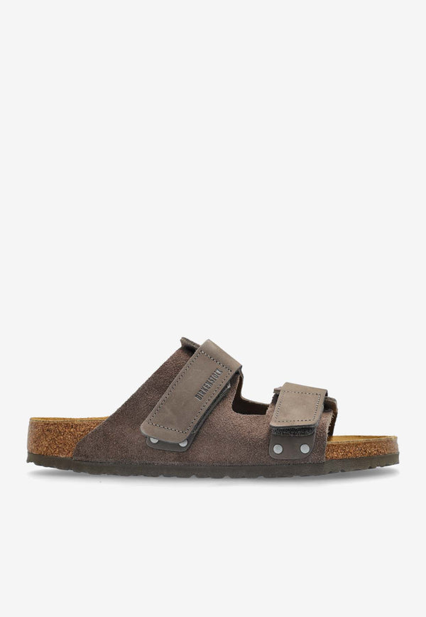 Birkenstock Uji Double-Strap Mixed-Leather Slides Brown 1029259 0-CONCRETE GRAY