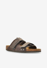 Birkenstock Uji Double-Strap Mixed-Leather Slides Brown 1029259 0-CONCRETE GRAY