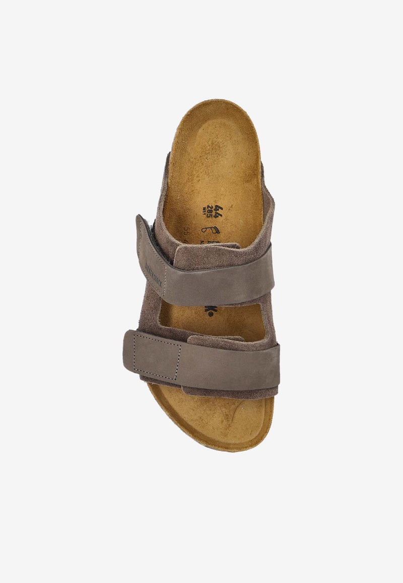 Birkenstock Uji Double-Strap Mixed-Leather Slides Brown 1029259 0-CONCRETE GRAY