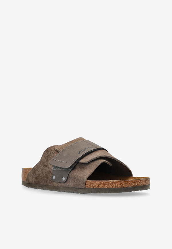 Birkenstock Kyoto Logo Embossed Mix Leather Slides Taupe 1029138 0-CONCRETE GRAY