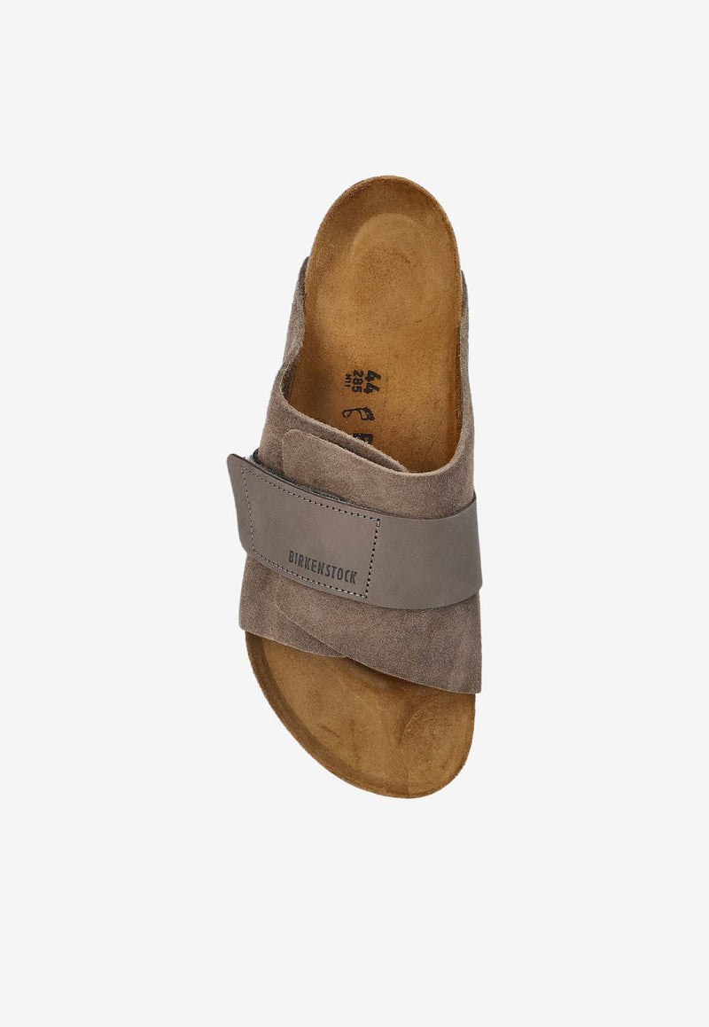 Birkenstock Kyoto Logo Embossed Mix Leather Slides Taupe 1029138 0-CONCRETE GRAY