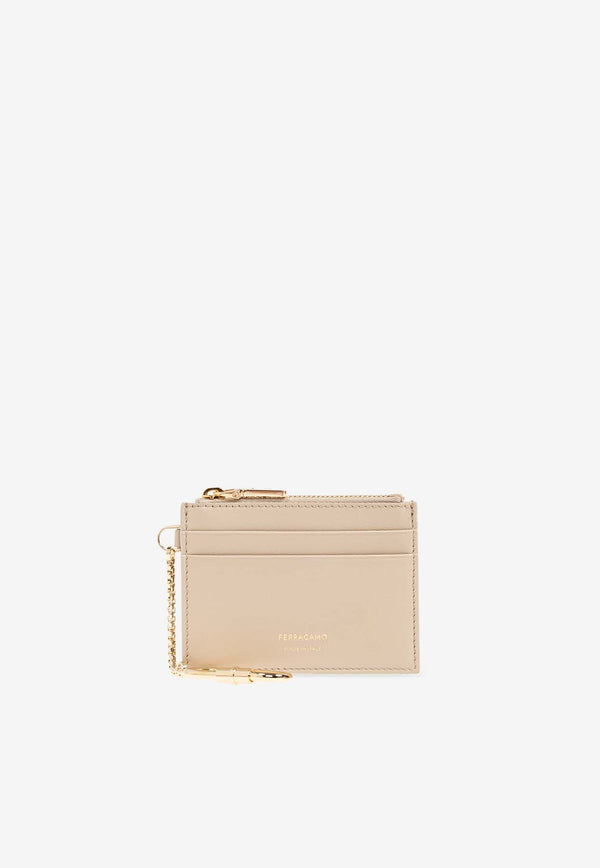 Salvatore Ferragamo Leather Cardholder with Key-chain Beige 220868 PORTA CARTE 779950-STONE