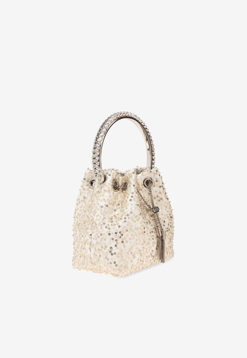 Jimmy Choo Bon Bon Sequined Bucket Bag Ivory BON BON DDG-IVORY CRYSTAL SILVER