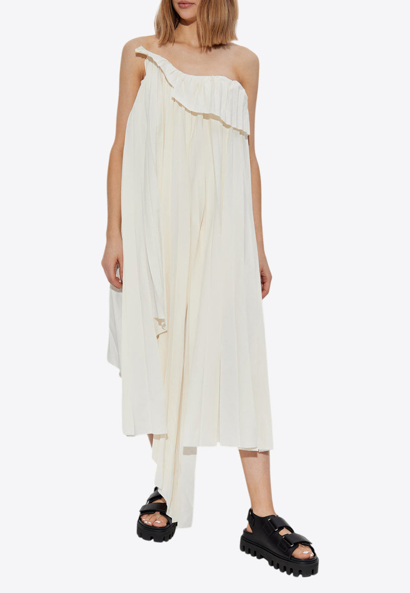 Alexander McQueen Pleated Asymmetric Midi Dress Cream 819110 QEAF2-9015