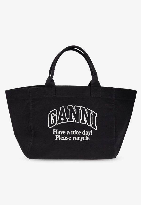 GANNI Logo Print Canvas Tote Bag Black A6680 5903-252