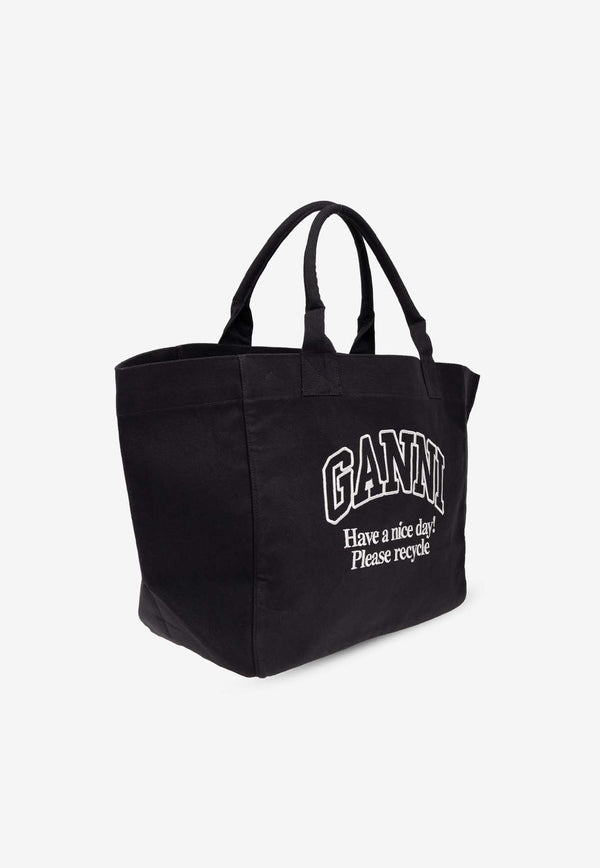 GANNI Logo Print Canvas Tote Bag Black A6680 5903-252