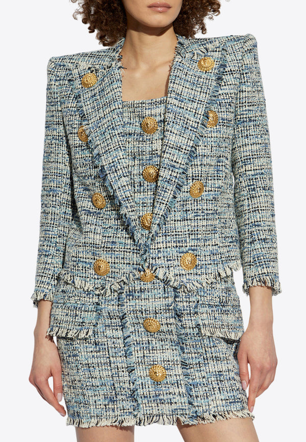 Balmain Tweed Cropped Blazer Blue EF1SC240 CF77-6FC