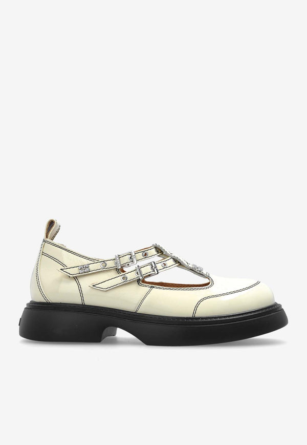 GANNI Buckled Leather Loafers Cream S2927 4914-135