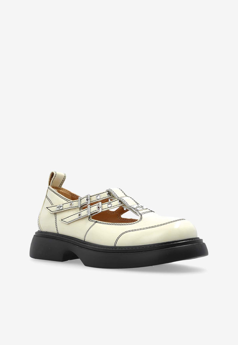 GANNI Buckled Leather Loafers Cream S2927 4914-135