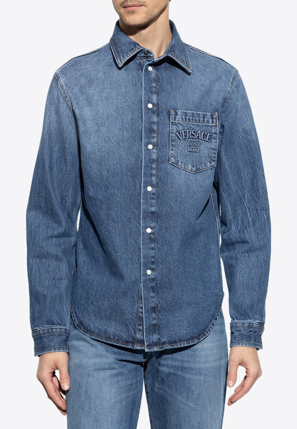 Versace Logo Embroidered Denim Shirt Blue 1018910 1A13583-1D800