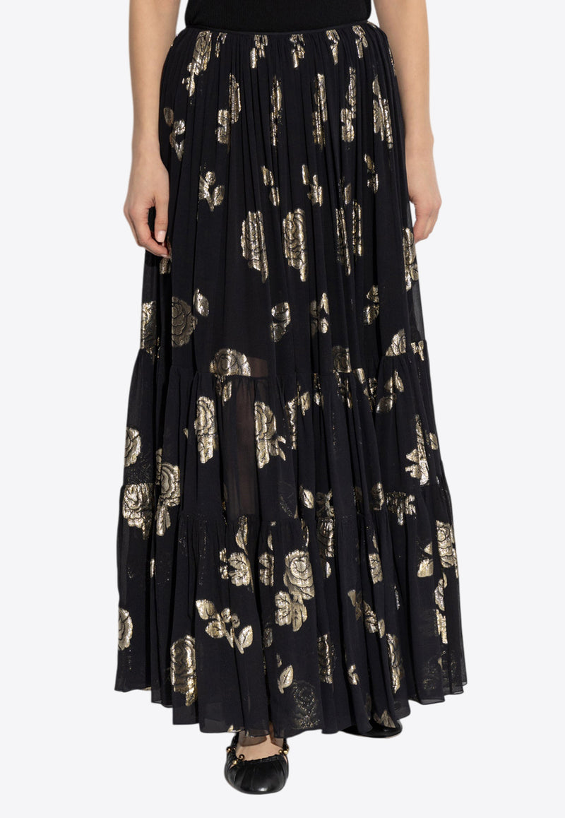 Chloé Floral Motif Maxi Silk Skirt Black CH25SJU50 411-001