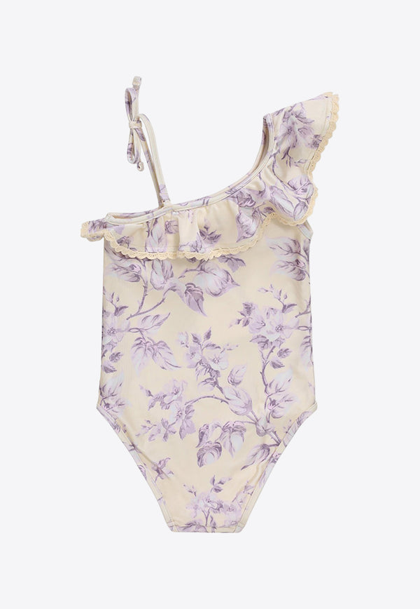 Zimmermann Kids Girls Halliday Trim Frill Floral One-Piece Swimsuit Lavender 9327WSS241LILAC/LAVENDAR