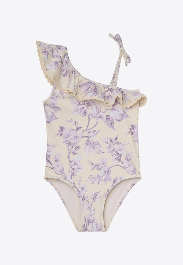 Zimmermann Kids Girls Halliday Trim Frill Floral One-Piece Swimsuit Lavender 9327WSS241LILAC/LAVENDAR