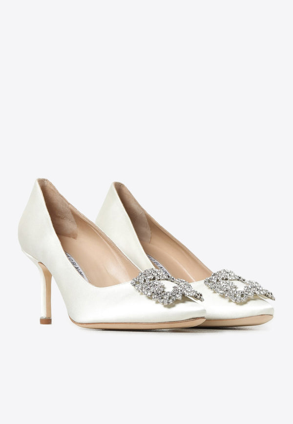 Manolo Blahnik Hangisi 70 Embellished Buckle Satin Pumps White 9XX-0316WHITE