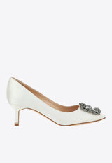 Manolo Blahnik Hangisi 50 Embellished Buckle Satin Pumps White 9XX-0661CREAM