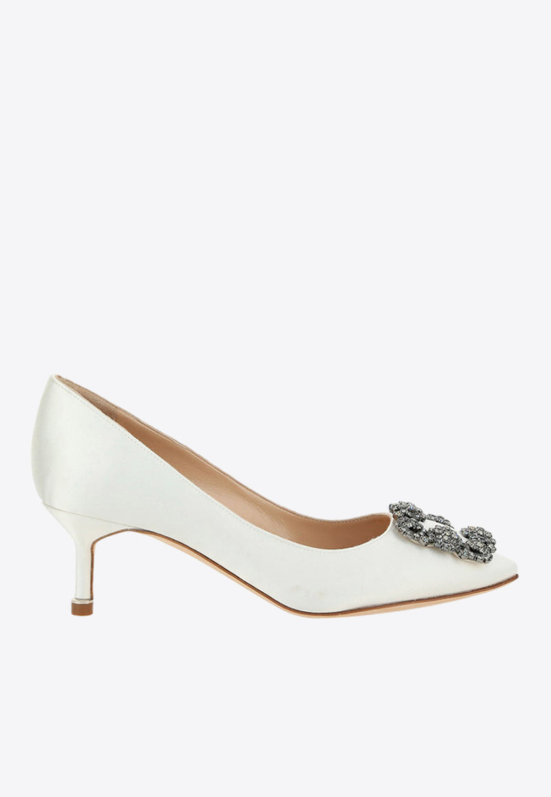 Manolo Blahnik Hangisi 50 Embellished Buckle Satin Pumps White 9XX-0661CREAM