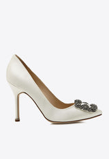 Manolo Blahnik Hangisi 105 Embellished Buckle Satin Pumps White 9XX-0664-0041CREAM