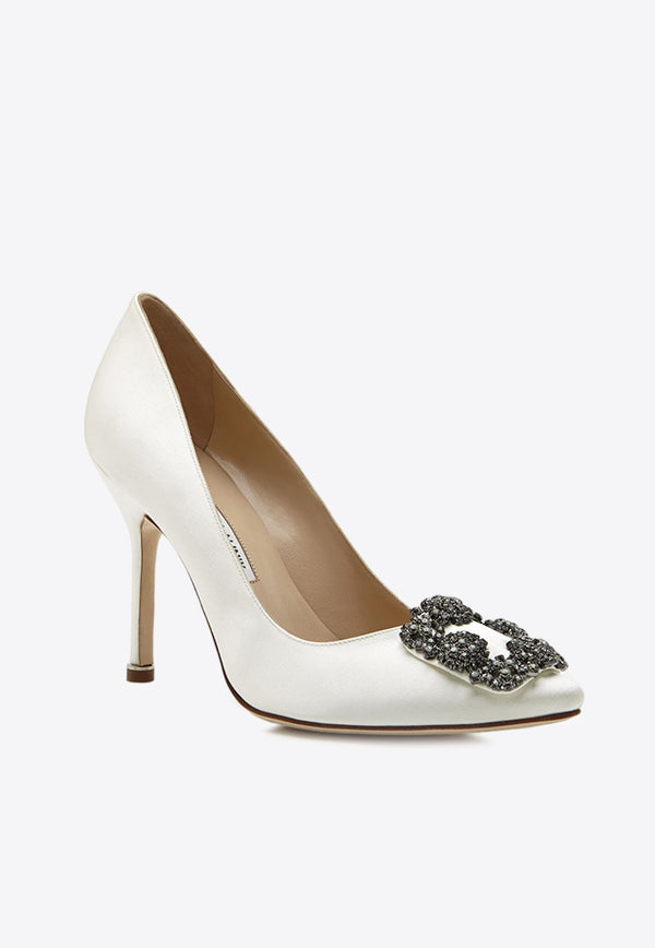 Manolo Blahnik Hangisi 105 Embellished Buckle Satin Pumps White 9XX-0664-0041CREAM