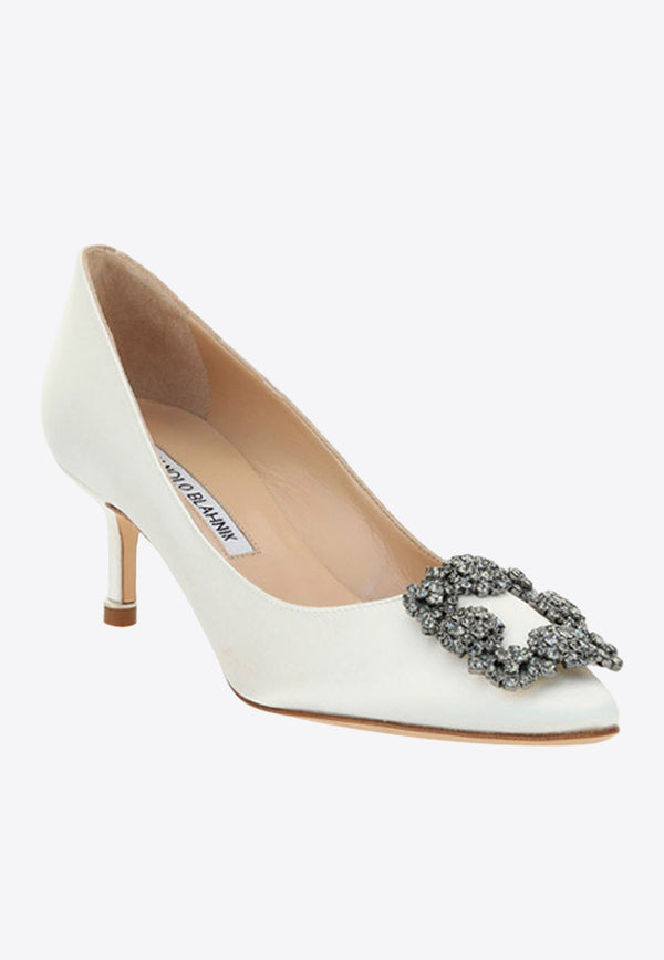 Manolo Blahnik Hangisi 50 Embellished Buckle Satin Pumps White 9XX-0661CREAM