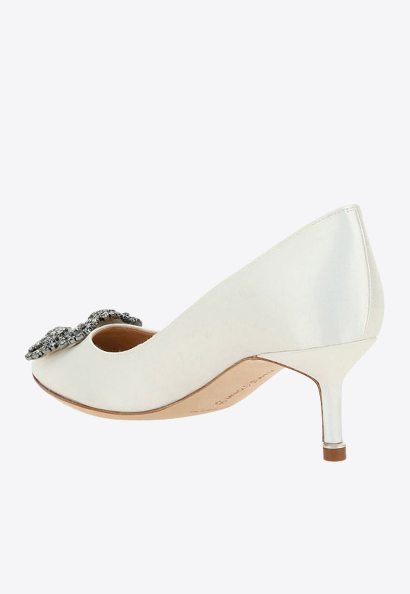 Manolo Blahnik Hangisi 50 Embellished Buckle Satin Pumps White 9XX-0661CREAM